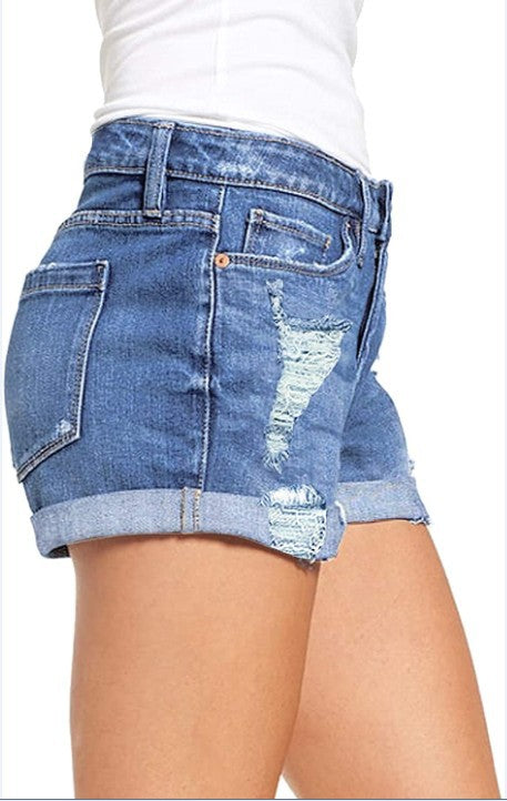 Ripped Roll Cuff Mid Rise Denim Shorts
