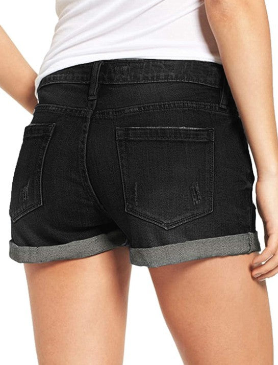 Ripped Roll Cuff Mid Rise Denim Shorts - view 1