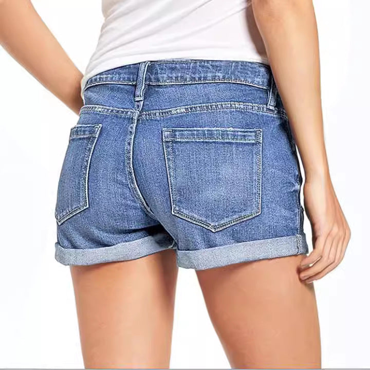 Ripped Roll Cuff Mid Rise Denim Shorts - view 3