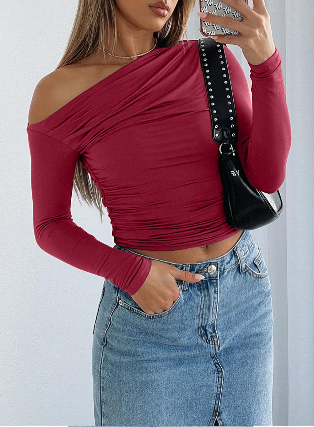 Ruched Asymmetric One Shoulder Cropped Blouse - Winered