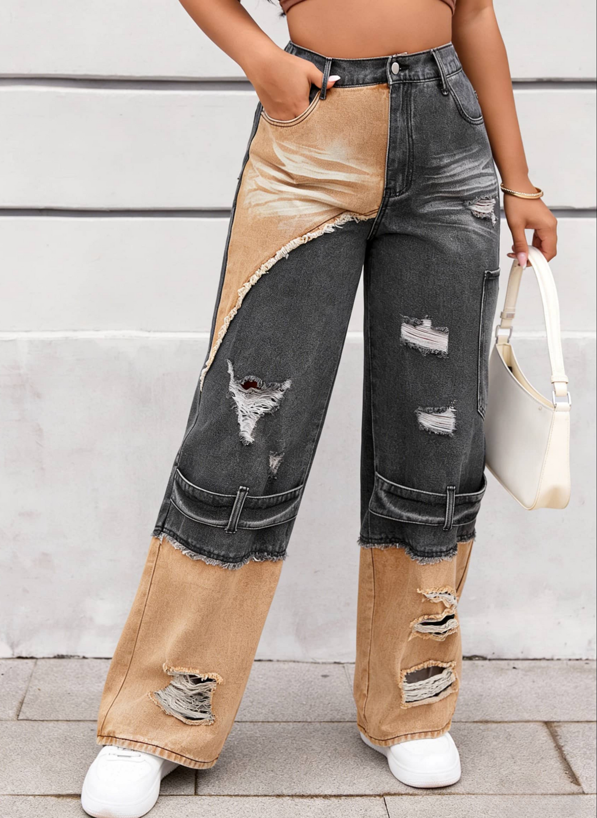 Two Tone Distressed Baggy Jeans - Black