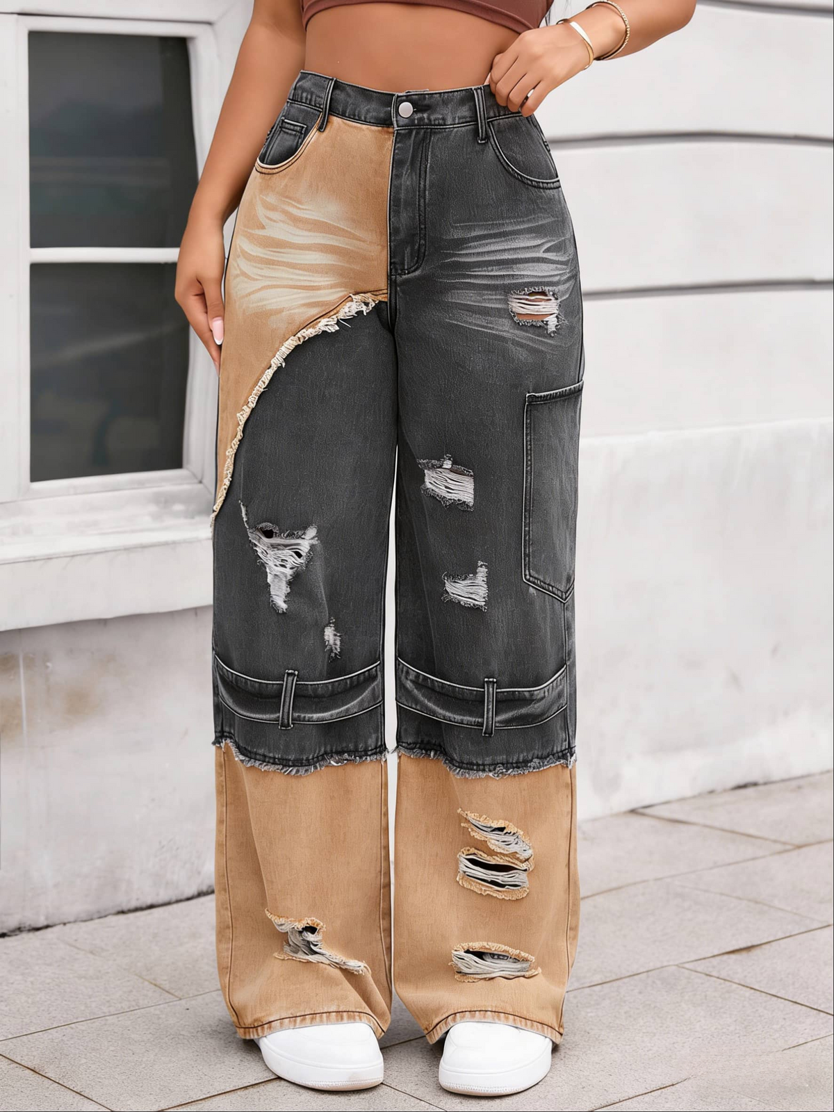 Two Tone Distressed Baggy Jeans - Black - 1