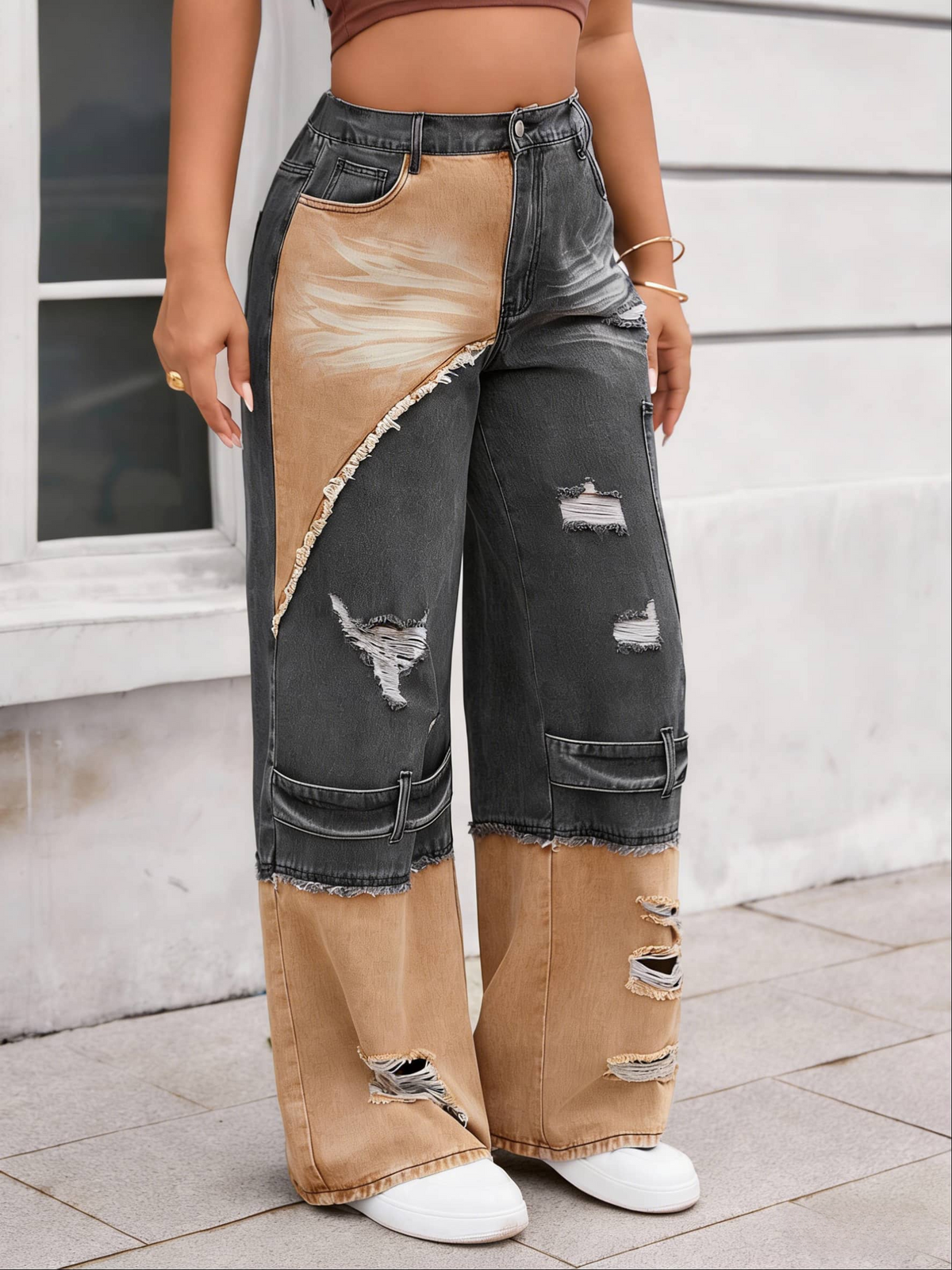 Two Tone Distressed Baggy Jeans - Black - 2