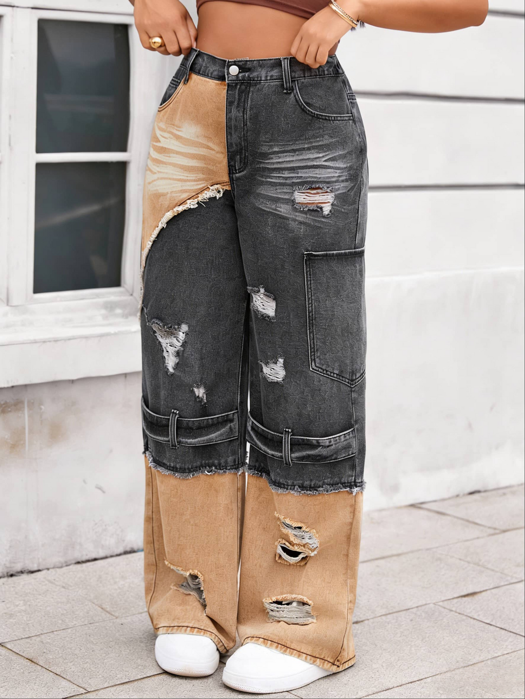 Two Tone Distressed Baggy Jeans - Black - 3
