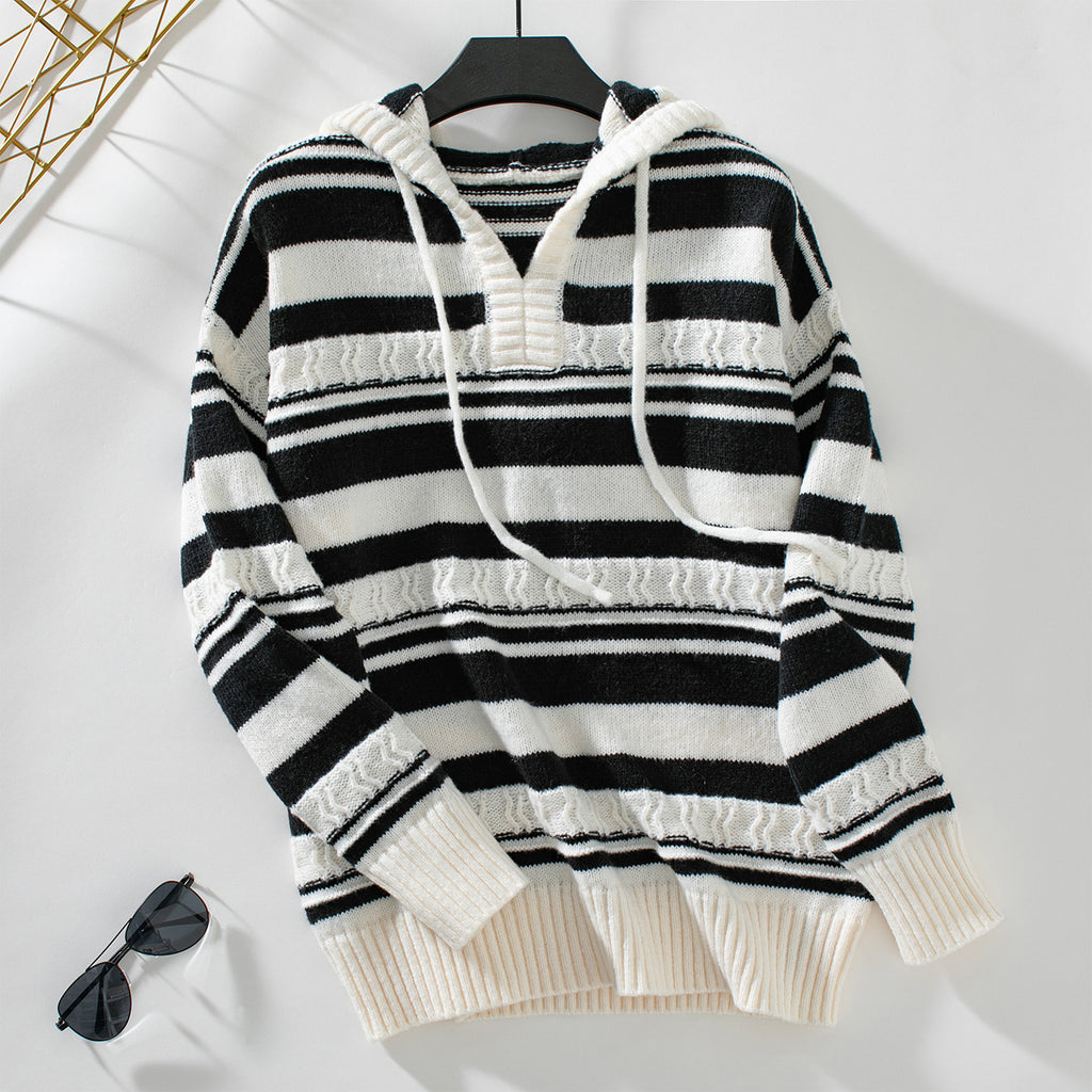 Fringed Stripe Hooded Knit Pullover - Apricot