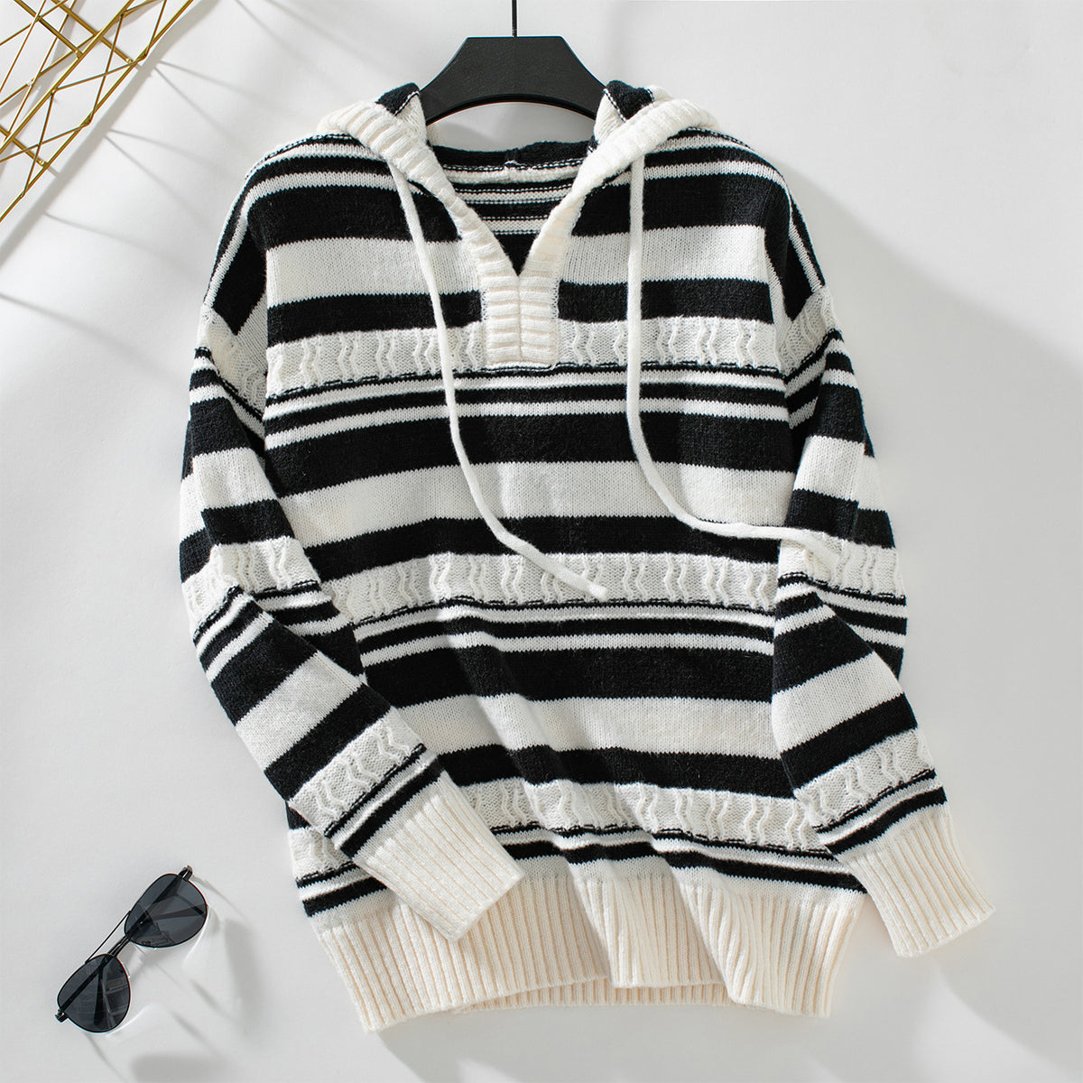 Fringed Stripe Hooded Knit Pullover - Apricot