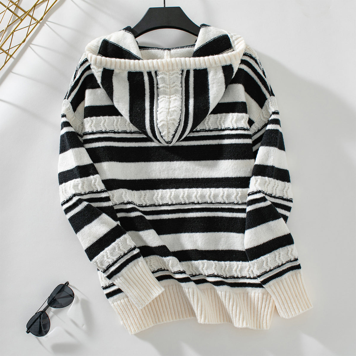 Fringed Stripe Hooded Knit Pullover - Apricot - 1