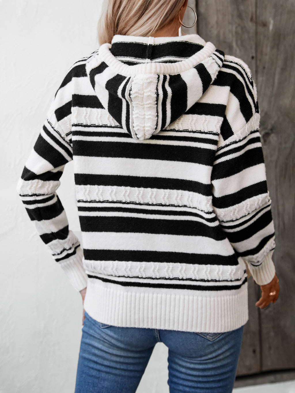 Fringed Stripe Hooded Knit Pullover - Apricot - 4