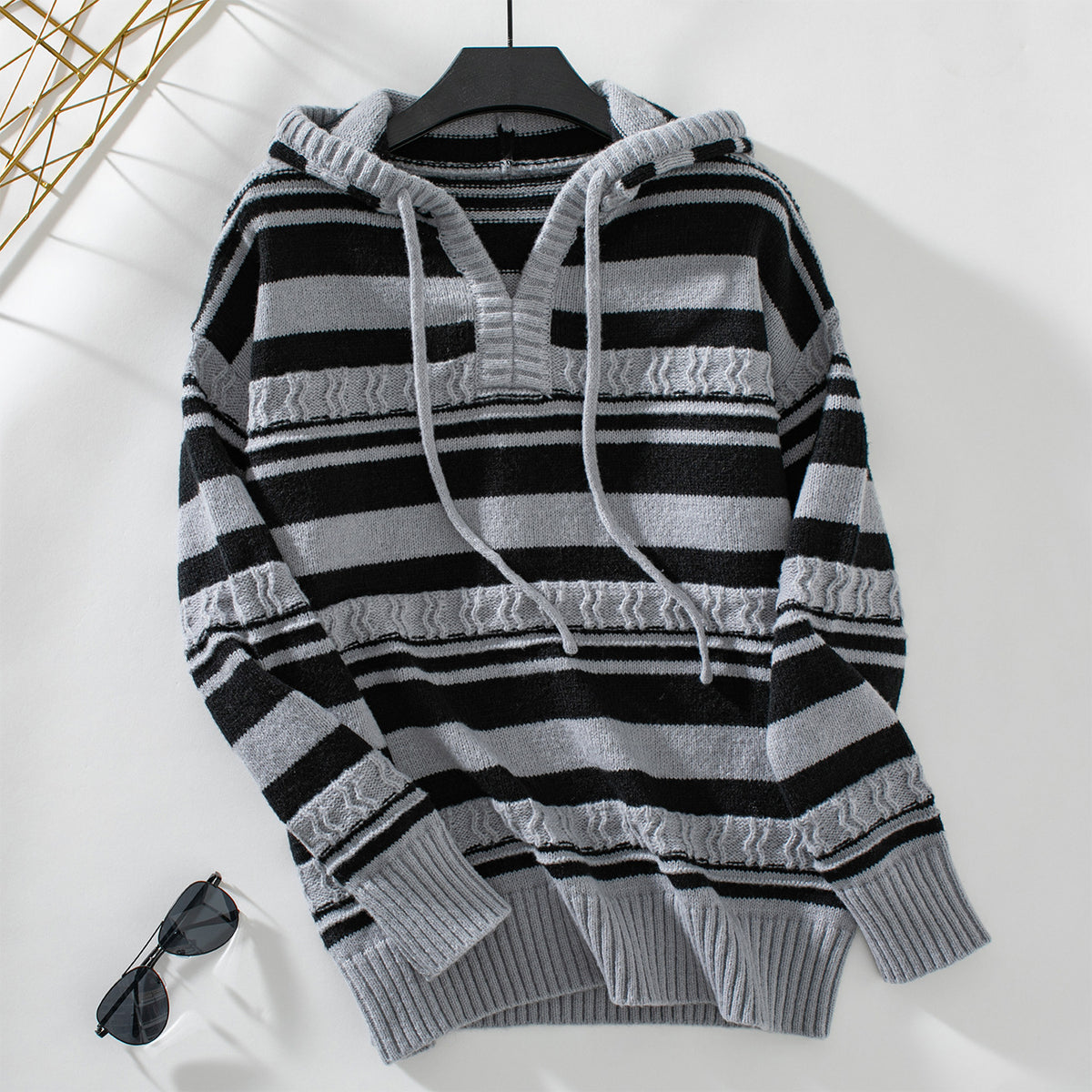 Fringed Stripe Hooded Knit Pullover - Grey