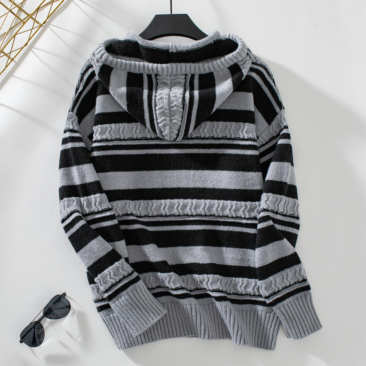 Fringed Stripe Hooded Knit Pullover - Grey - 1