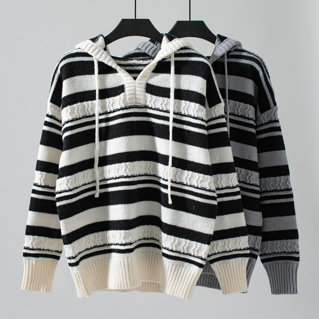 Fringed Stripe Hooded Knit Pullover - Grey - 2