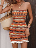 Strapless Tassel Hem Geometric Mini Dress - Orange