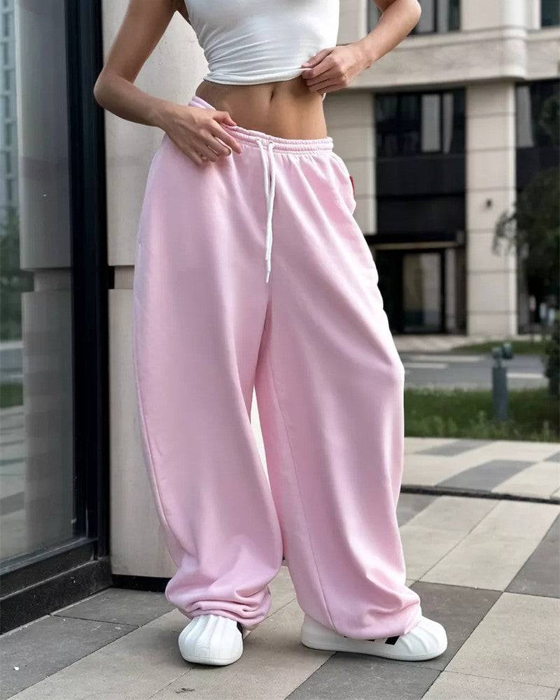 Drawstring Wide Leg Balloon Sweatpants - Pink