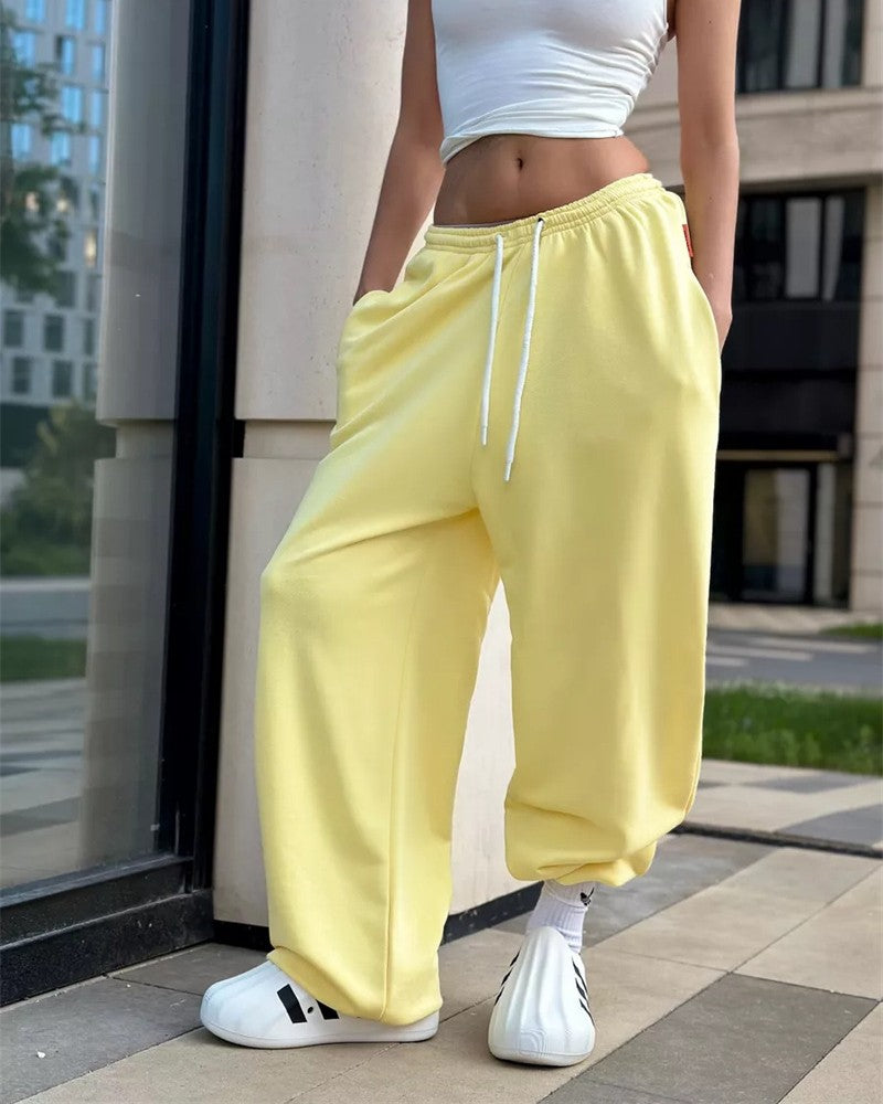 Drawstring Wide Leg Balloon Sweatpants - Yellow - 1