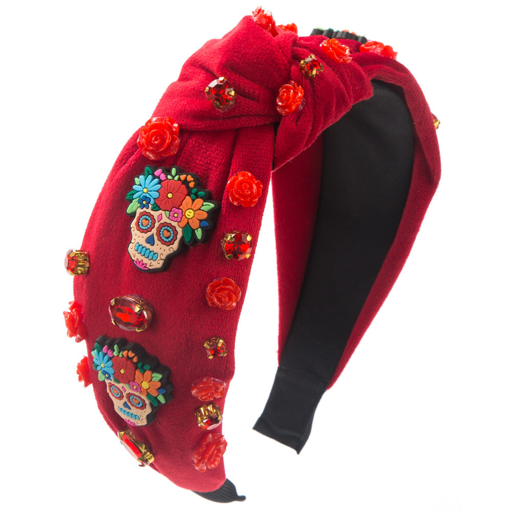 Sugar Skull Beaded Knot Headband - Red
