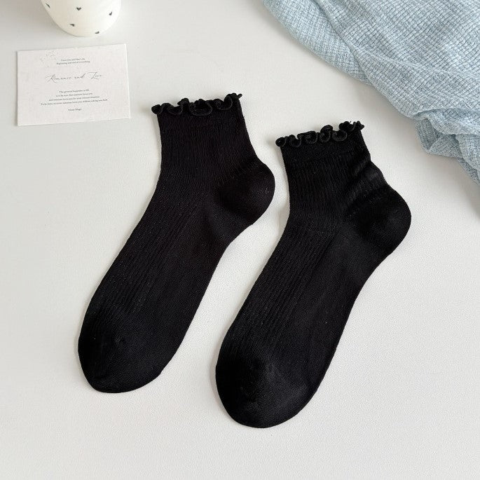 Ruffle Trim Ribbed Ankle Socks - Black