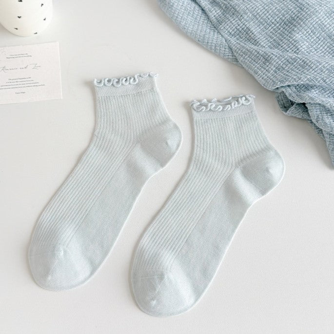 Ruffle Trim Ribbed Ankle Socks - Blue