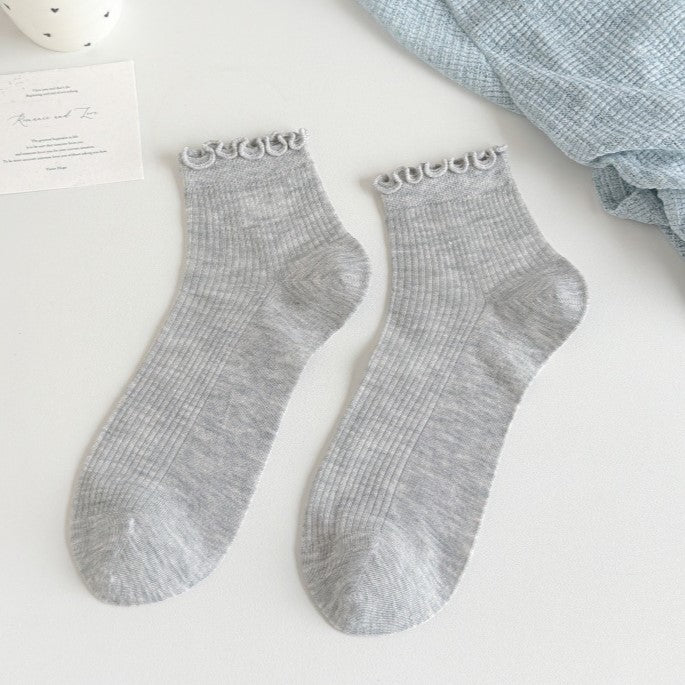 Ruffle Trim Ribbed Ankle Socks - Gray