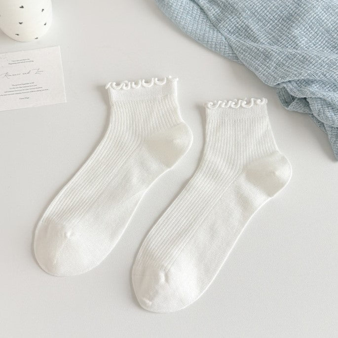 Ruffle Trim Ribbed Ankle Socks - White - 1