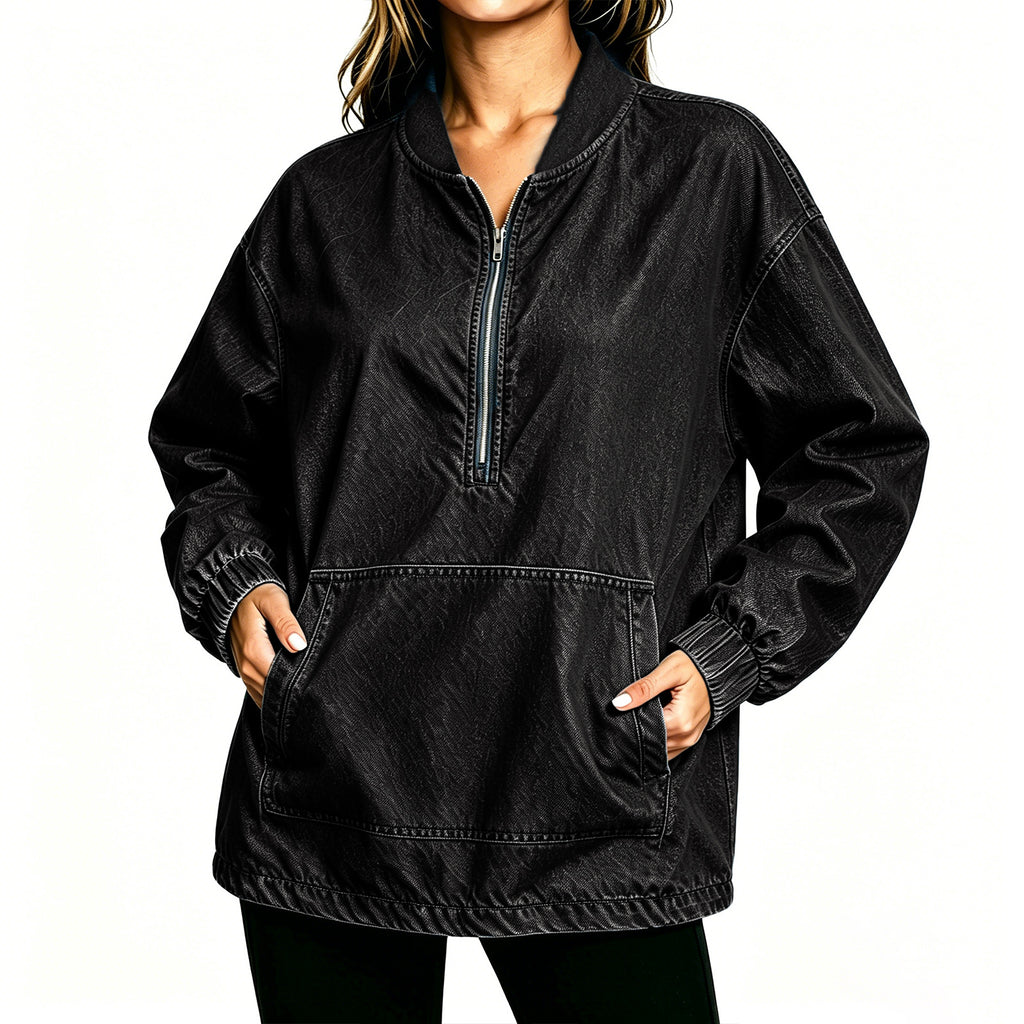 Stand Collar Denim Pullover Sweatshirt - Black