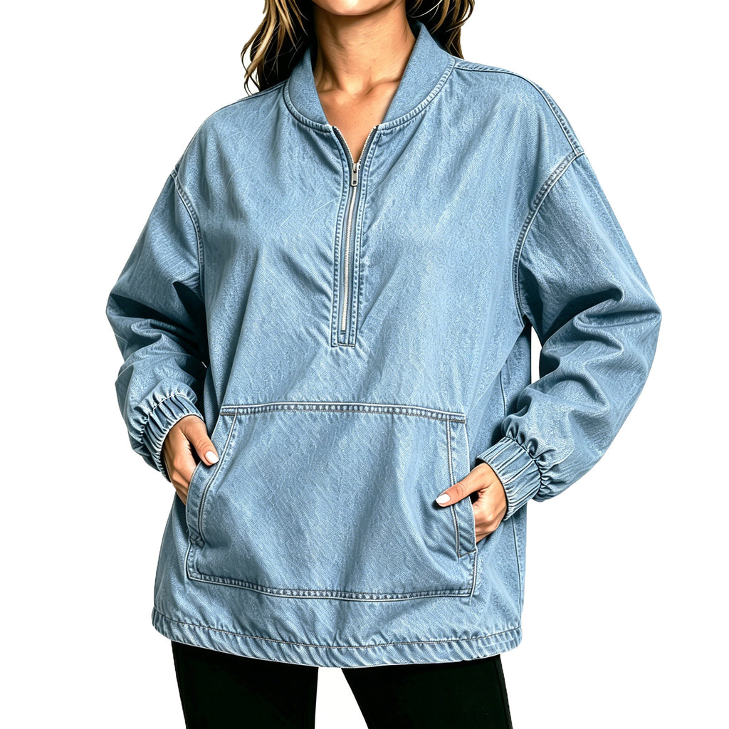 Stand Collar Denim Pullover Sweatshirt - Blue