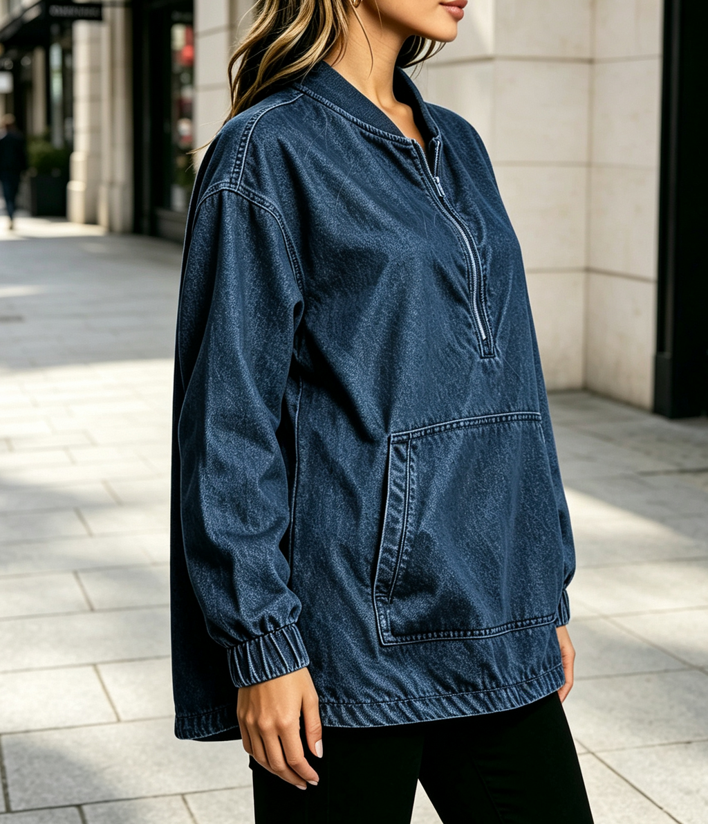 Stand Collar Denim Pullover Sweatshirt - DarkBlue - 1