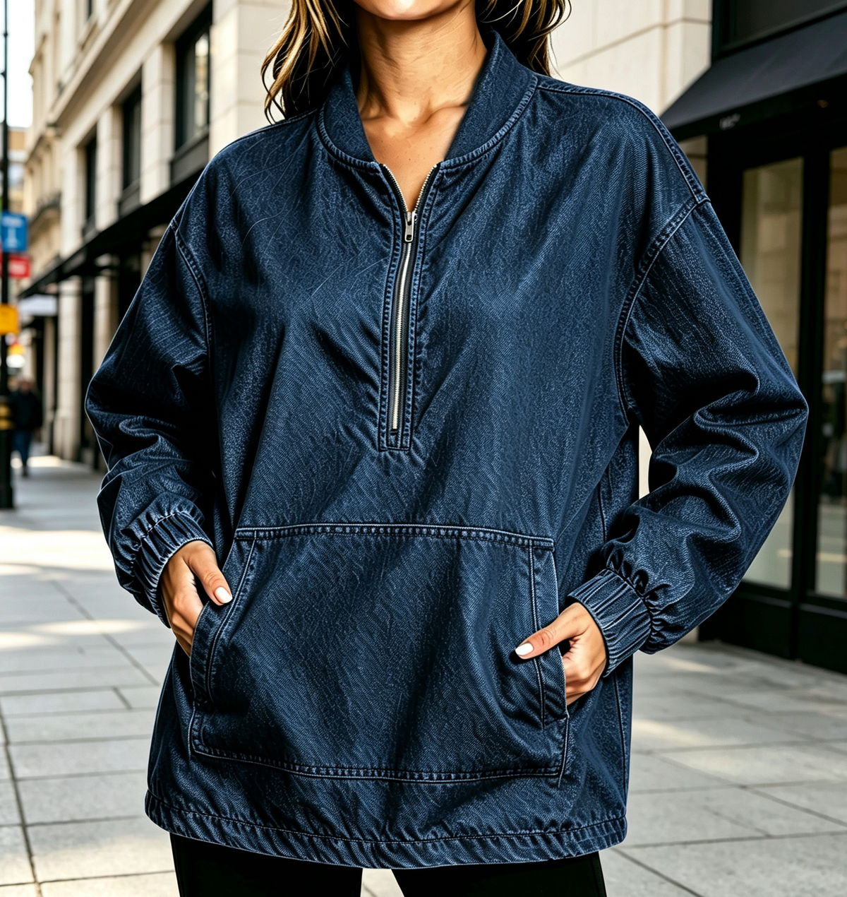 Stand Collar Denim Pullover Sweatshirt - DarkBlue - 2