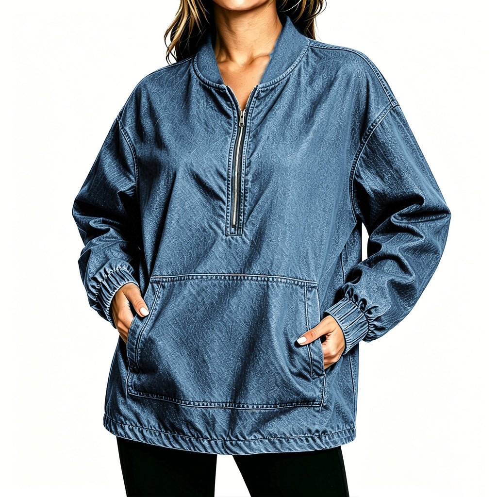 Stand Collar Denim Pullover Sweatshirt - MBlue