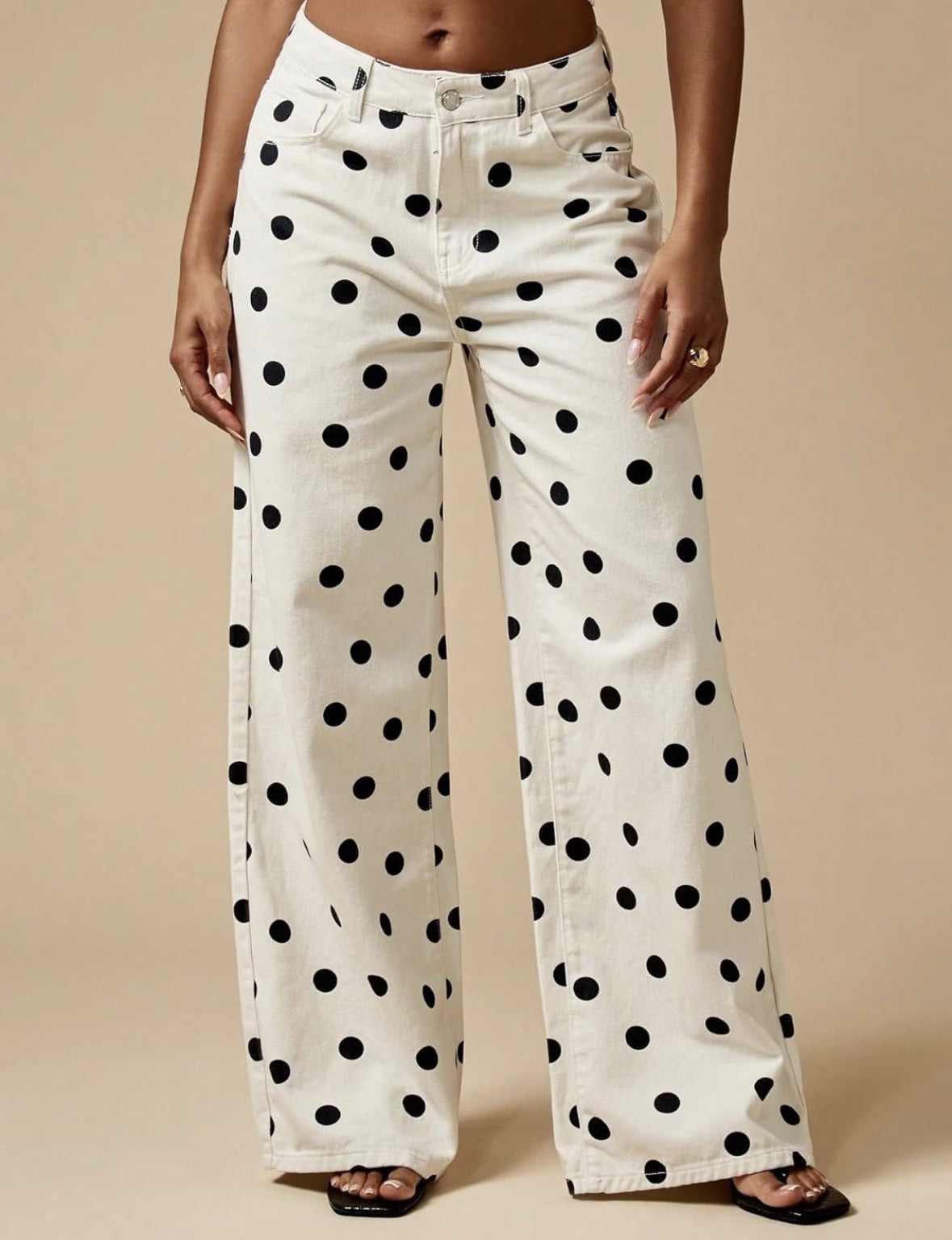 High Rise Polka Dot Baggy Wide Leg Jeans - White