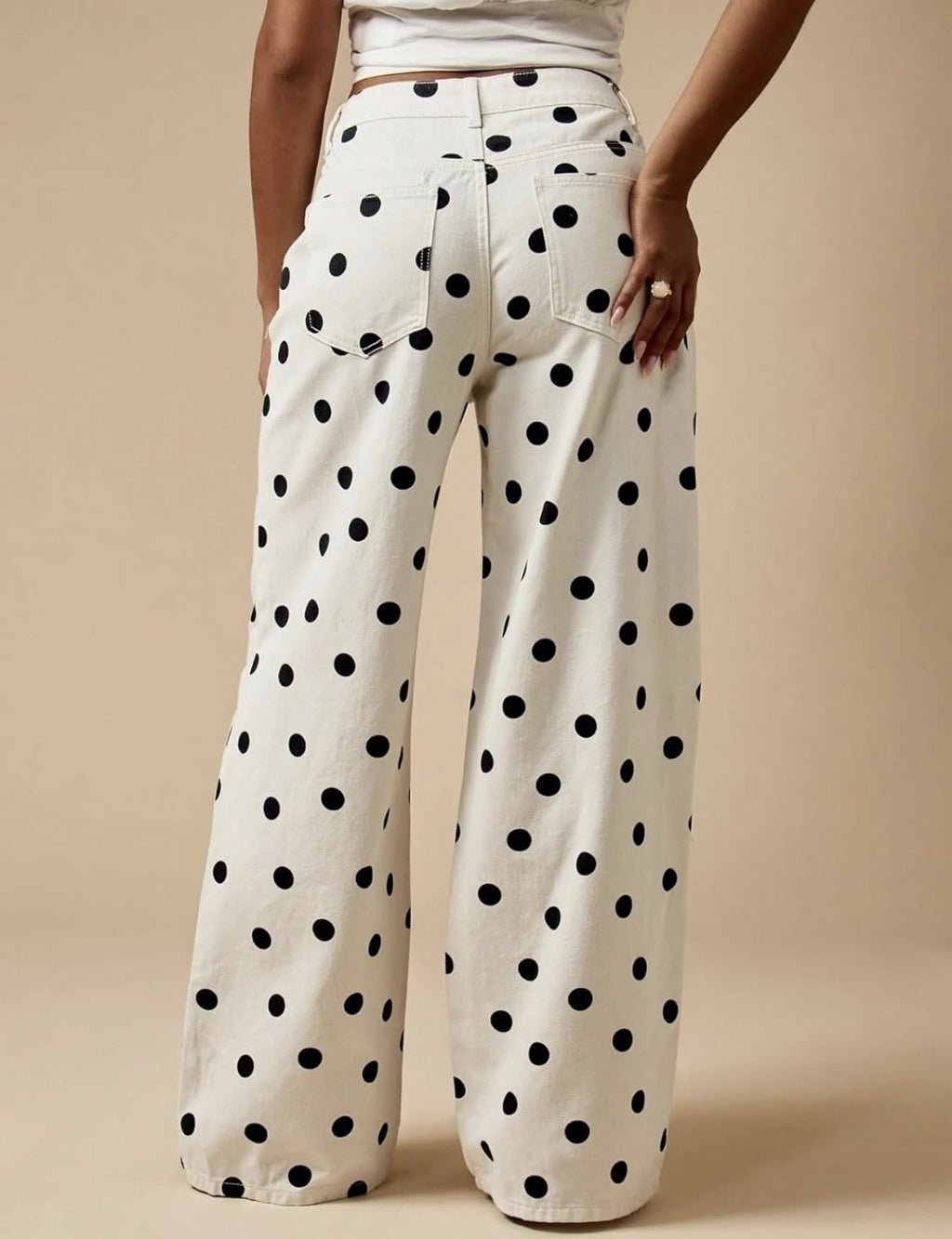 High Rise Polka Dot Baggy Wide Leg Jeans - White - 1