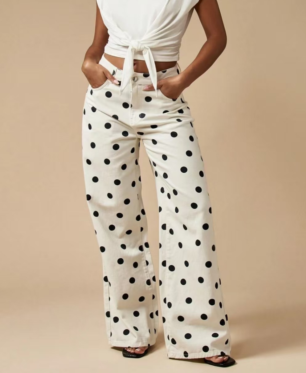 High Rise Polka Dot Baggy Wide Leg Jeans - White - 2