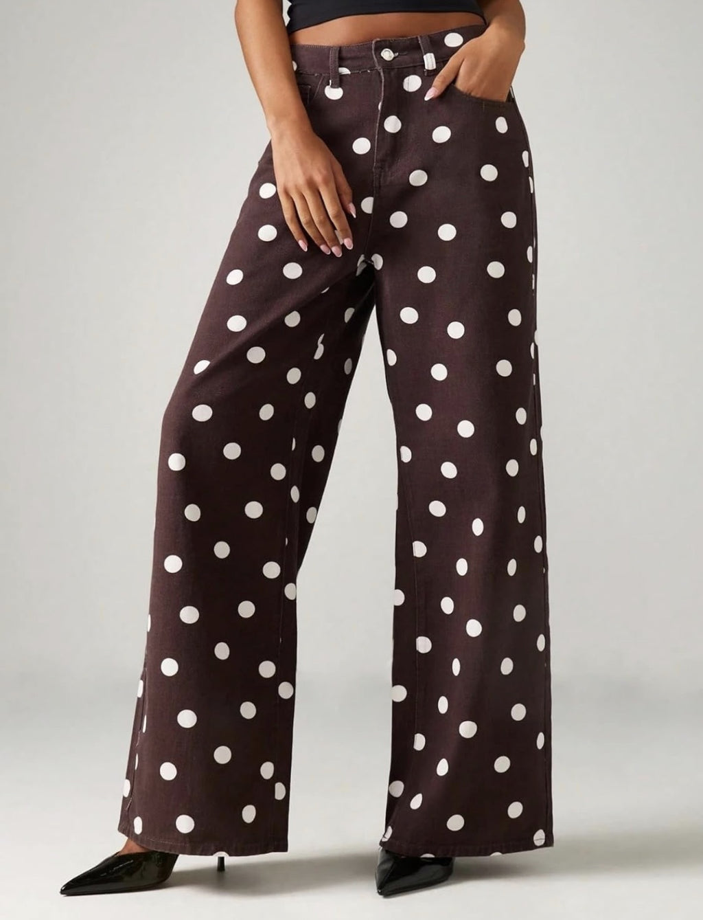 High Rise Polka Dot Baggy Wide Leg Jeans - Wine_red