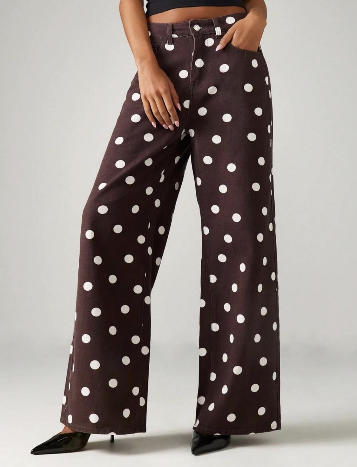High Rise Polka Dot Baggy Wide Leg Jeans - Wine_red