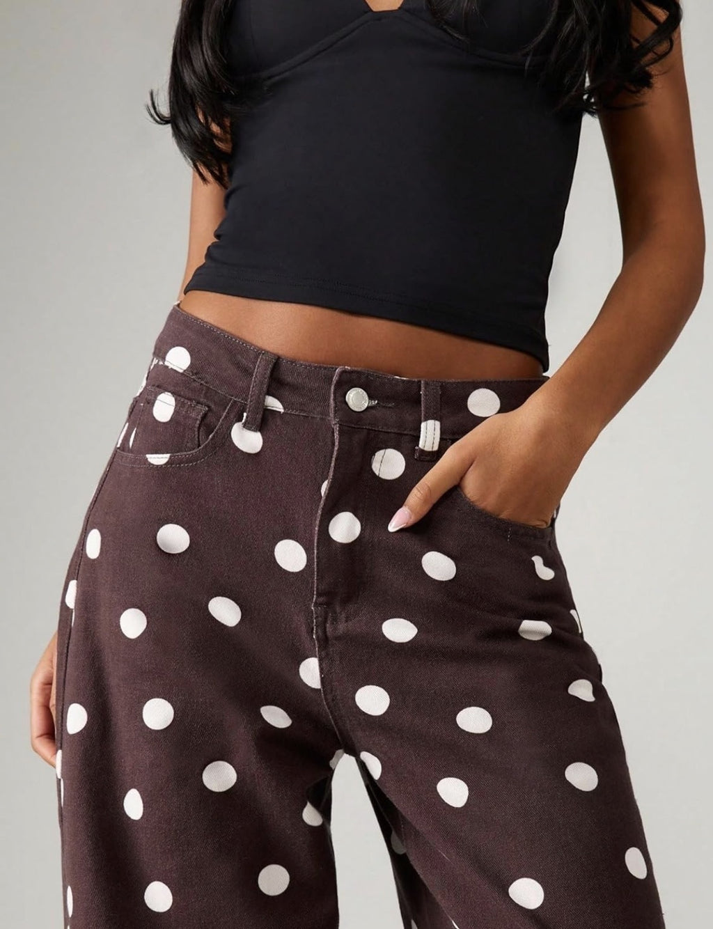 High Rise Polka Dot Baggy Wide Leg Jeans - Wine_red - 2