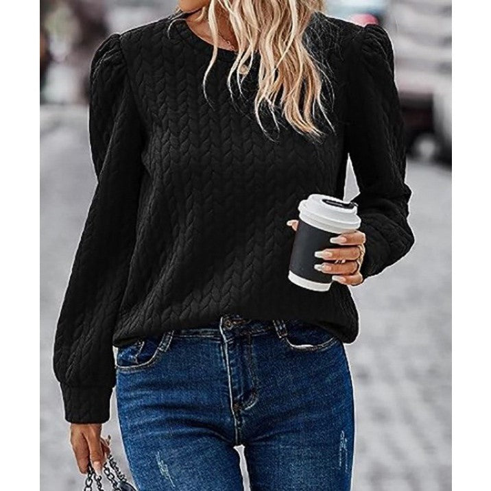 Puff Sleeve Cable Textured Crew Sweatshirt - Black