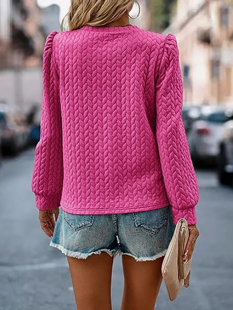 Puff Sleeve Cable Textured Crew Sweatshirt - Rose Red - 2