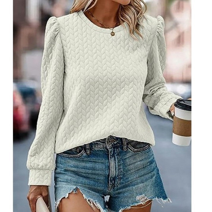 Puff Sleeve Cable Textured Crew Sweatshirt - White