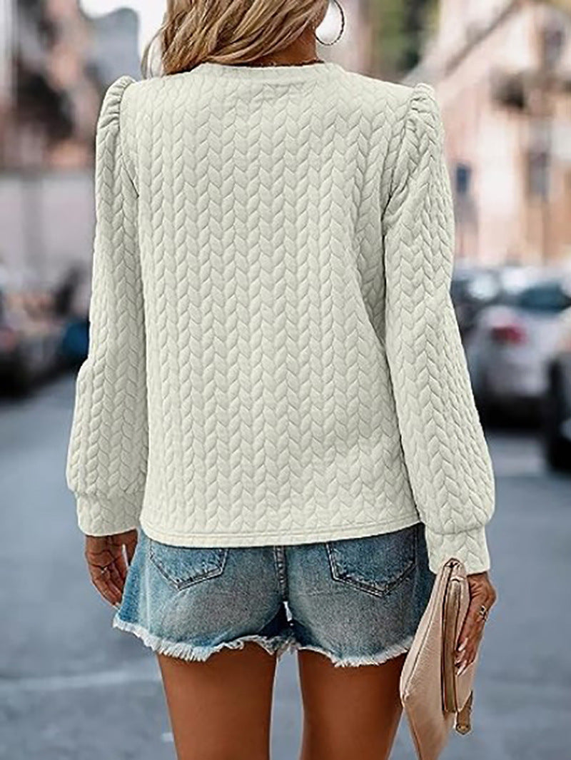 Puff Sleeve Cable Textured Crew Sweatshirt - White - 2