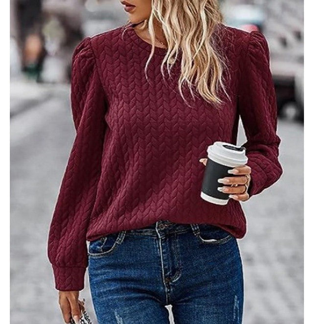 Puff Sleeve Cable Textured Crew Sweatshirt - Wine Red