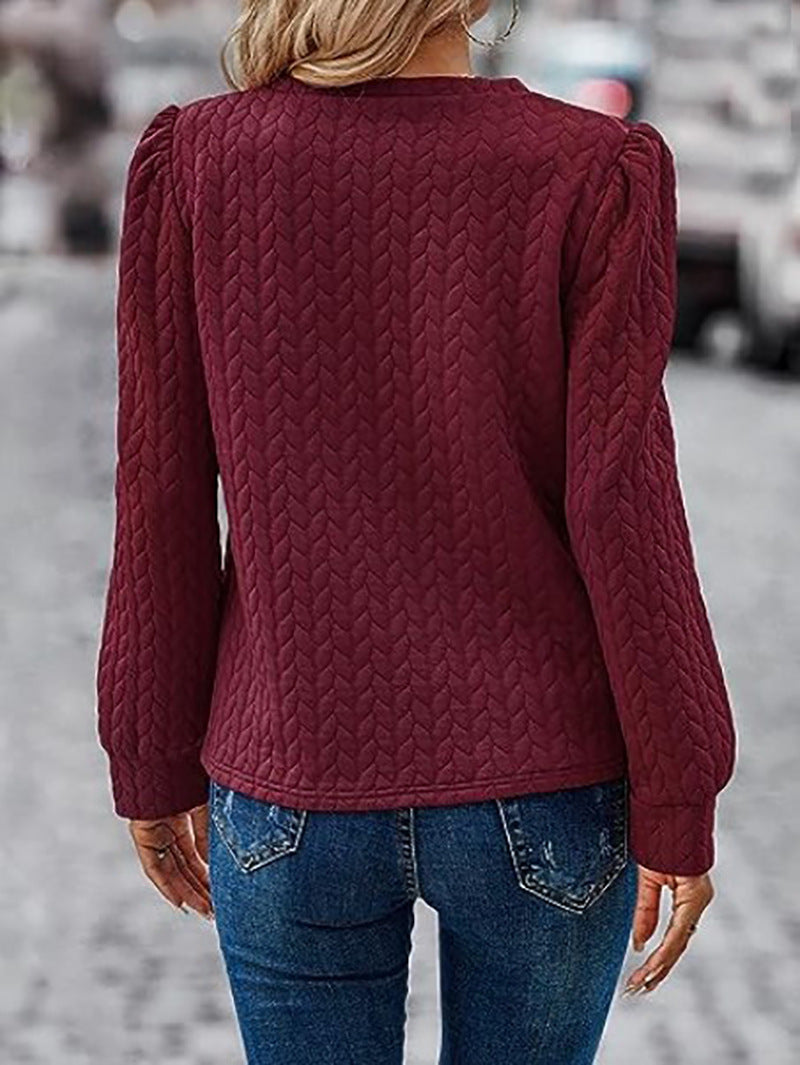 Puff Sleeve Cable Textured Crew Sweatshirt - Wine Red - 2