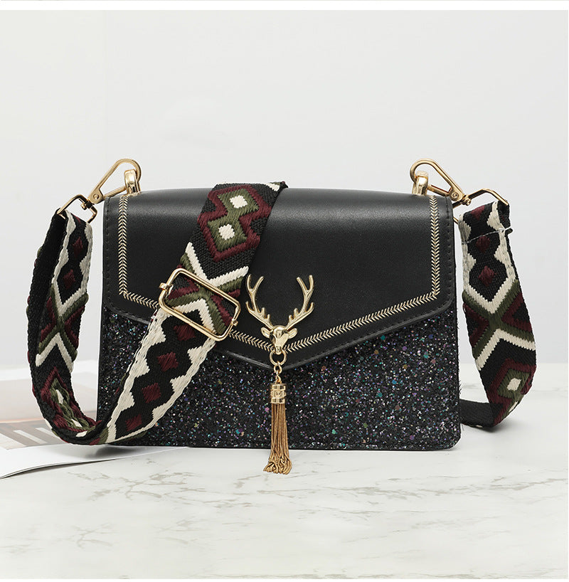 Wide Woven Chevron Crossbody Bag Strap - Black - 2