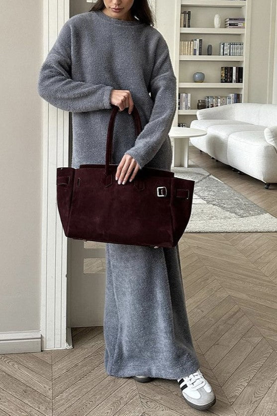 Fuzzy Knit Sweater And Maxi Skirt Set - Charcoal - 1