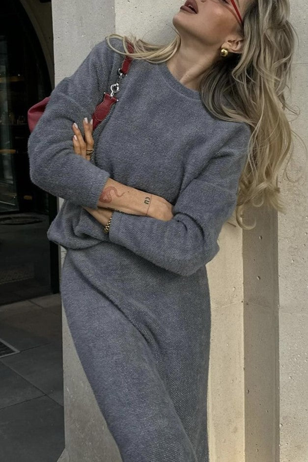 Fuzzy Knit Sweater And Maxi Skirt Set - Charcoal - 2