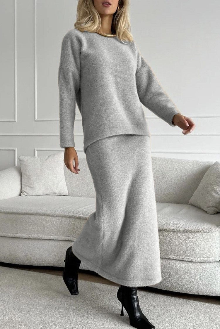 Fuzzy Knit Sweater And Maxi Skirt Set - Grey - 1