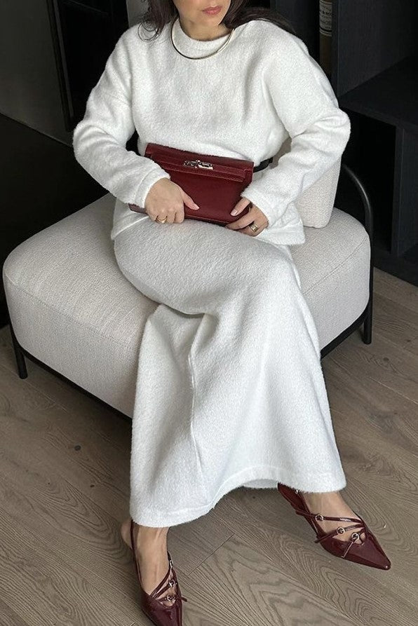 Fuzzy Knit Sweater And Maxi Skirt Set - Ivory - 2