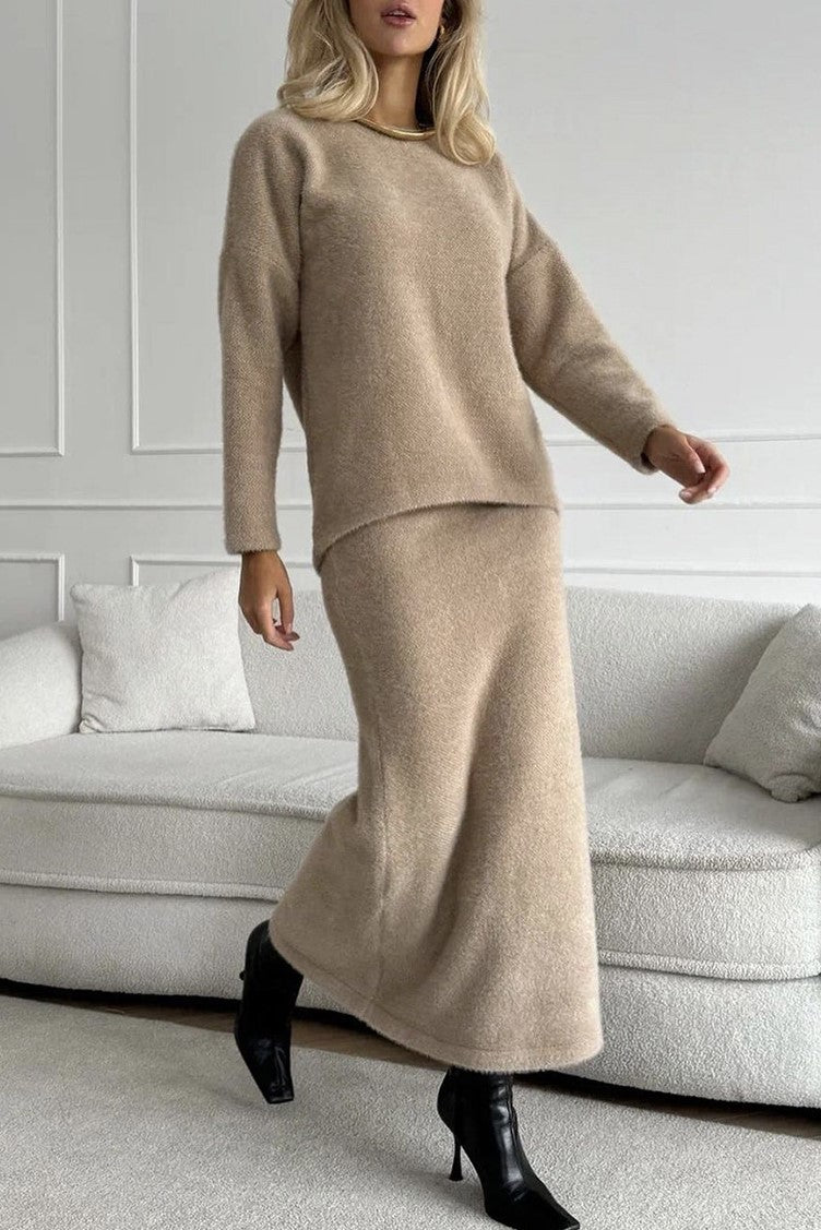Fuzzy Knit Sweater And Maxi Skirt Set - Khaki