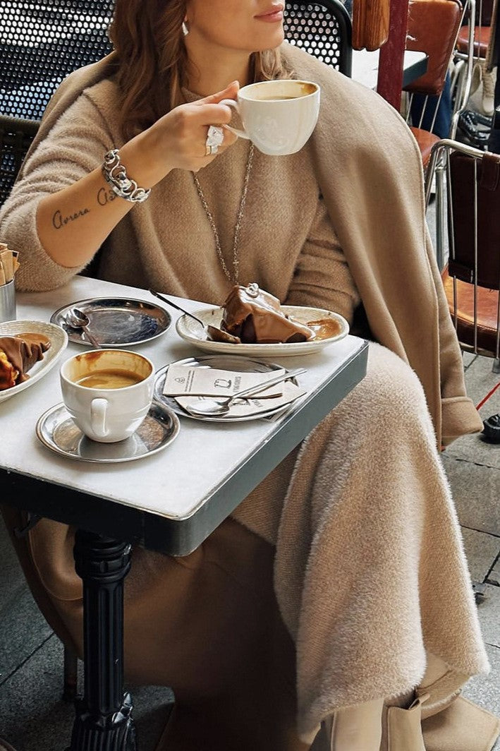 Fuzzy Knit Sweater And Maxi Skirt Set - Khaki - 1
