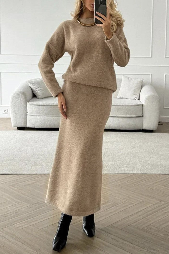 Fuzzy Knit Sweater And Maxi Skirt Set - Khaki - 2