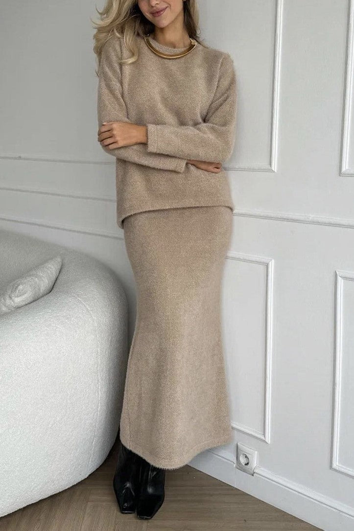 Fuzzy Knit Sweater And Maxi Skirt Set - Khaki - 3