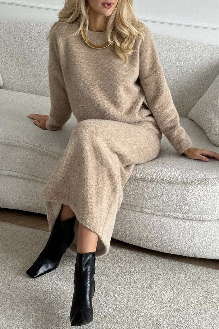 Fuzzy Knit Sweater And Maxi Skirt Set - Khaki - 4